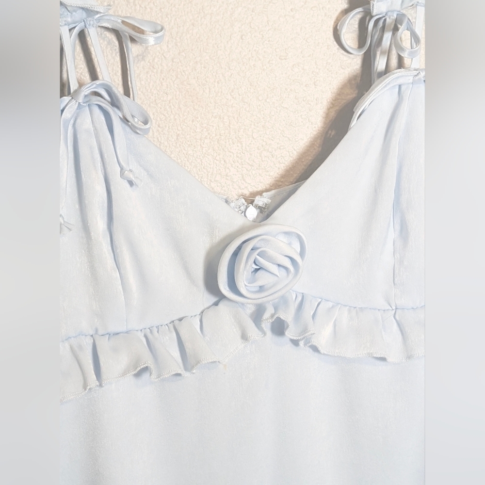 🌸 NWT Wild Fable Ruffled Satin Mini Dress - Light Blue Slip Dress - Size Small - Picture 3 of 8
